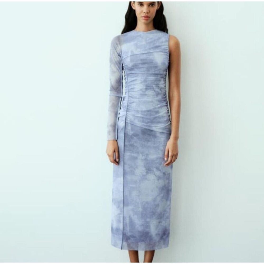 ZARA One Sleeve Asymmetrical Tulle Mesh Lined Midi Dress Blue
